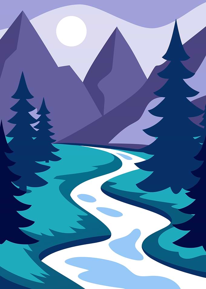 Serene Minimalist Mountain Valley and Flowing River Landscape Metal Wall Print Art