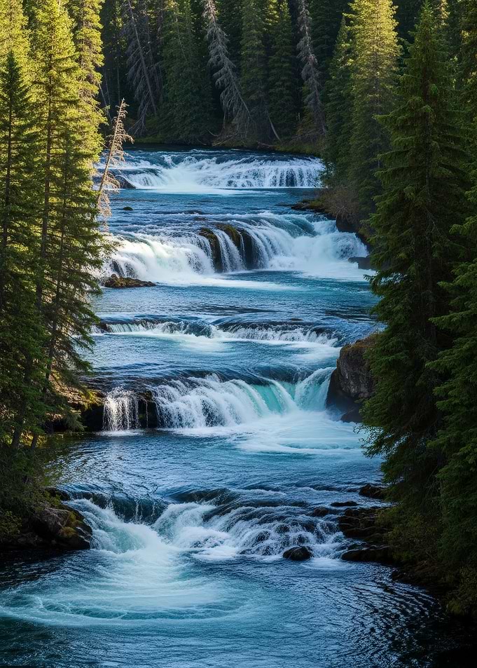 Cascading Waterfall Through Evergreen Forest