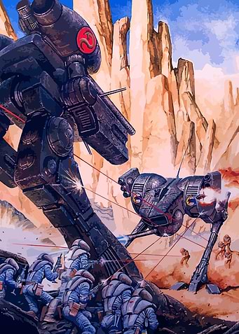 Mech Battle in Desert Landscape