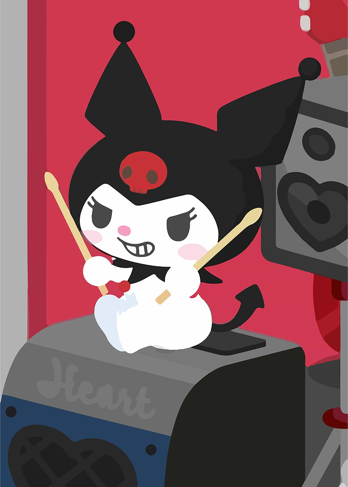 Kuromi playing drums on amplifier