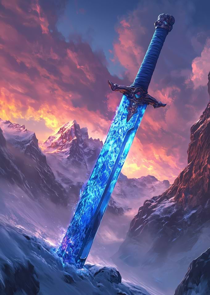 Mystical Blue Sword in Snowy Mountains