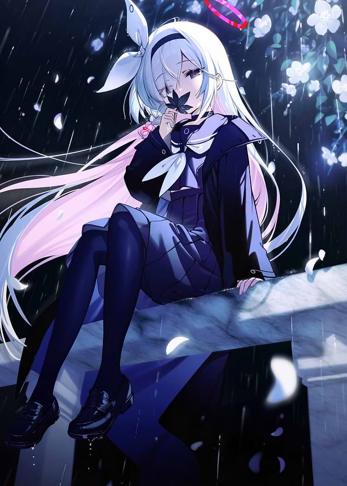 Anime Girl in Rain with Leaf