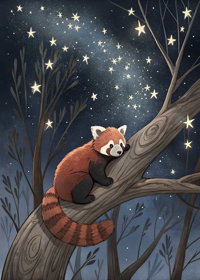 Red Panda Under Starry Night Sky