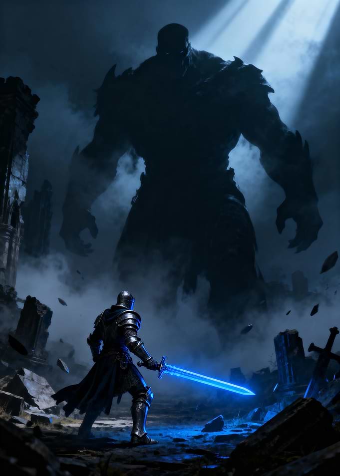 Knight Facing Giant in Ruins