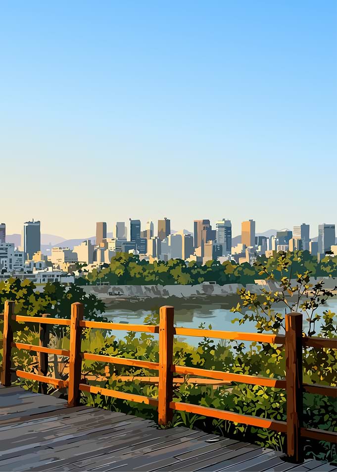 Cityscape View from Wooden Deck