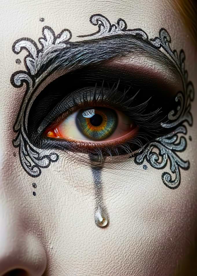 Eye with decorative makeup and tear