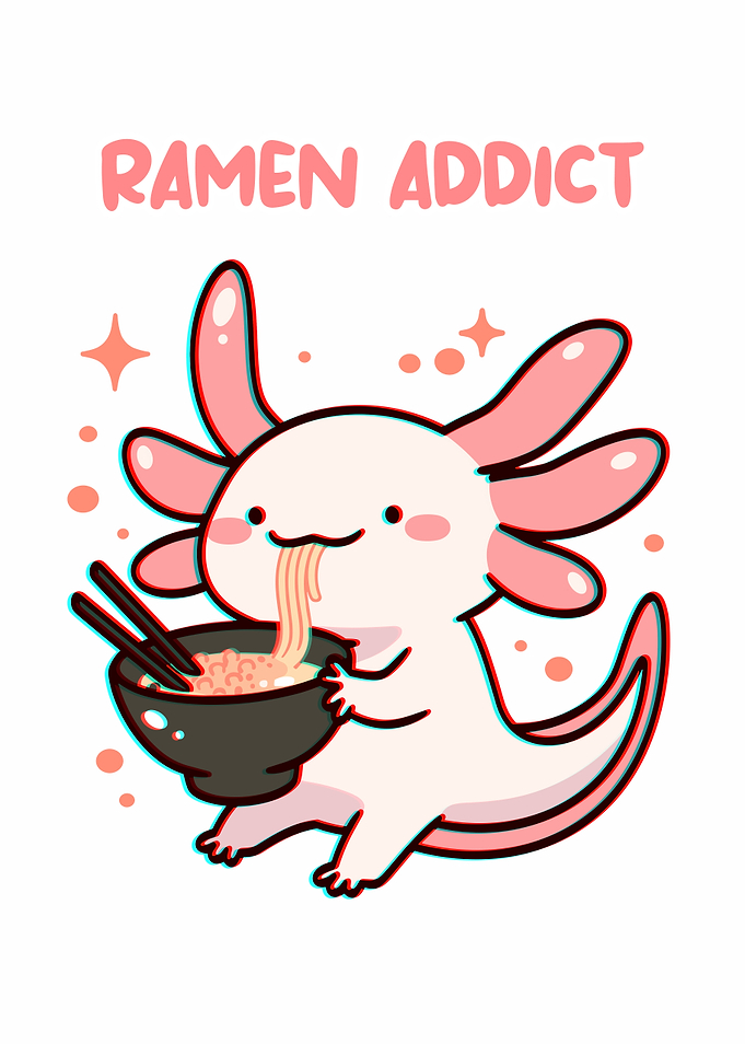 Axolotl Ramen Addict Cartoon Illustration