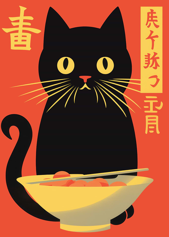 Black Japanese Cat with Noodles Illustration