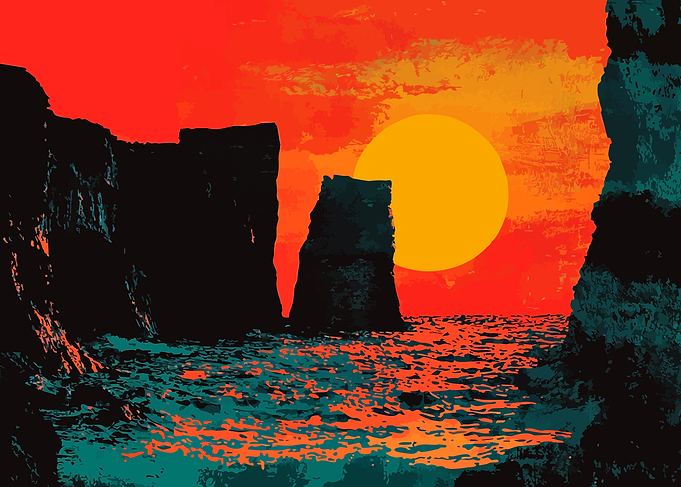 Red Coastal Ocean Sunset Minimalist Abstract Art Illustration