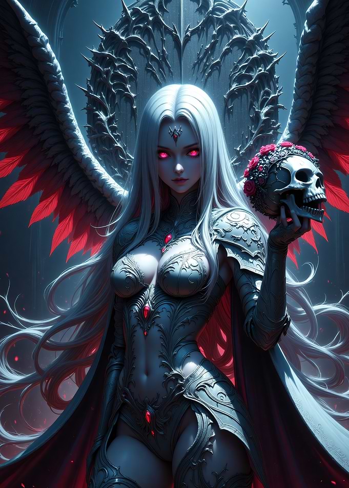 Winged Woman with Skull and Roses