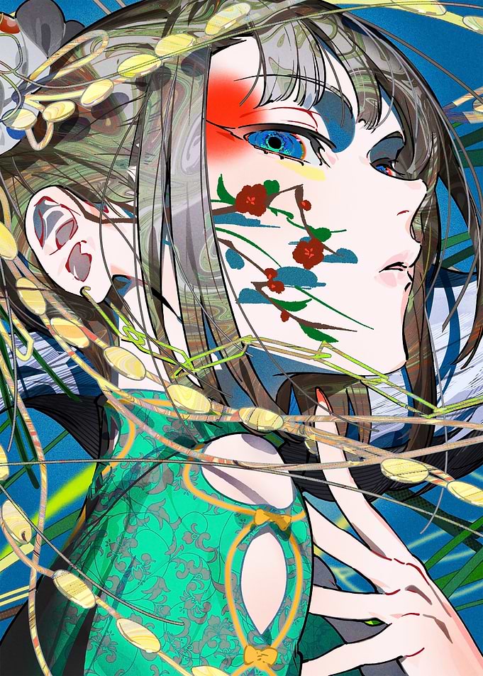 Anime Girl with Floral Face Art