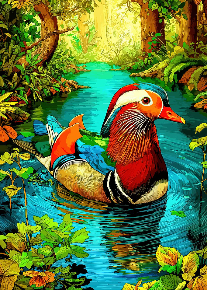 Colorful Mandarin Duck in Forest Stream