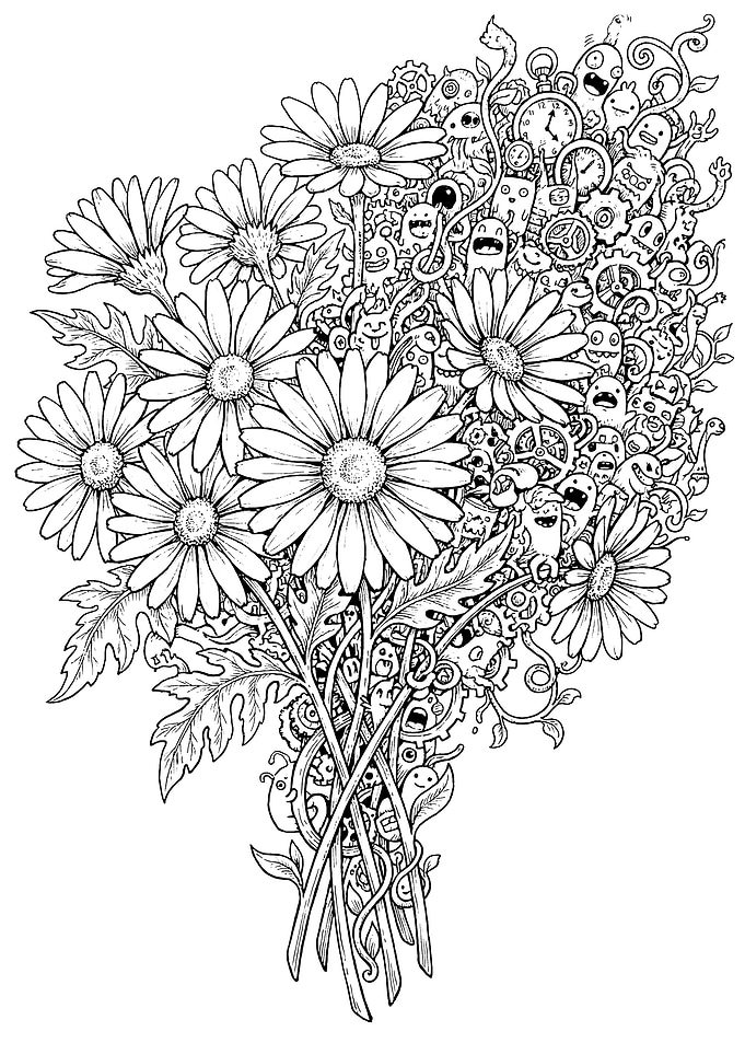 Doodle Flower Bouquet Black and White
