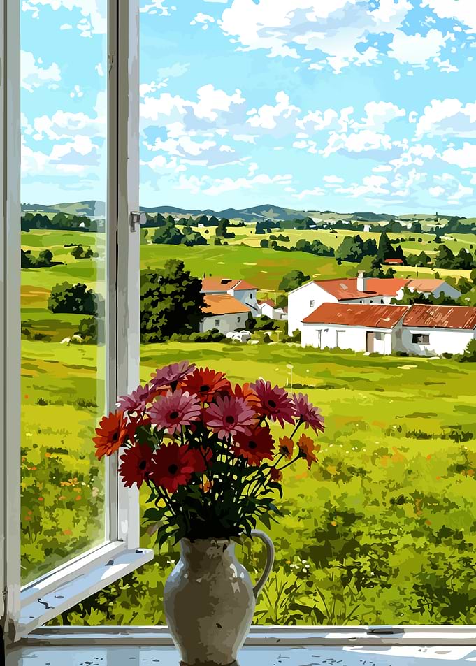 Flowers in vase by open window
