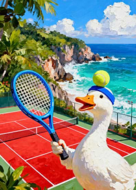 Duck Tennis Player on Tropical Court