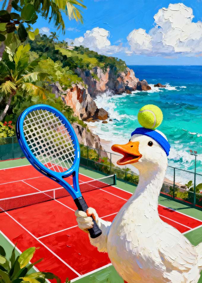Duck Tennis Player on Tropical Court