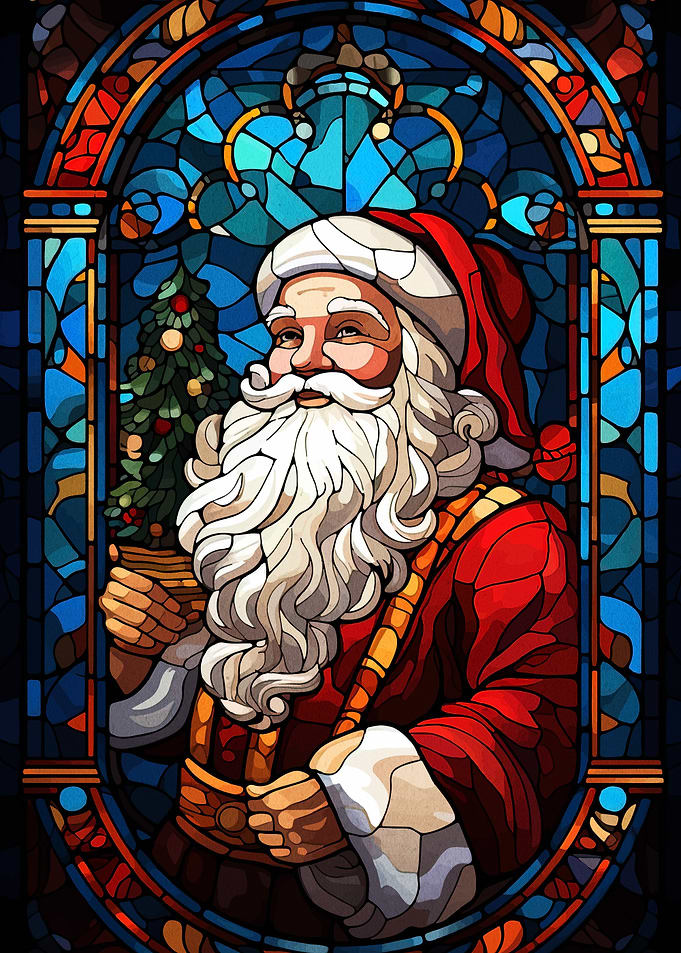Stained Glass Santa Claus with Tree