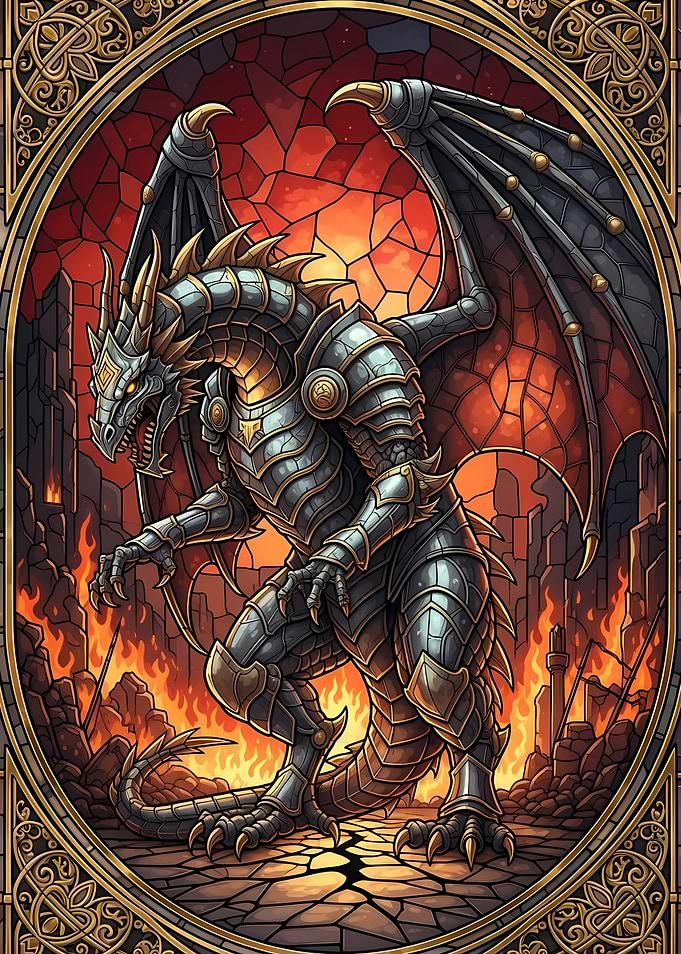 Armored Dragon in Stained Glass Style