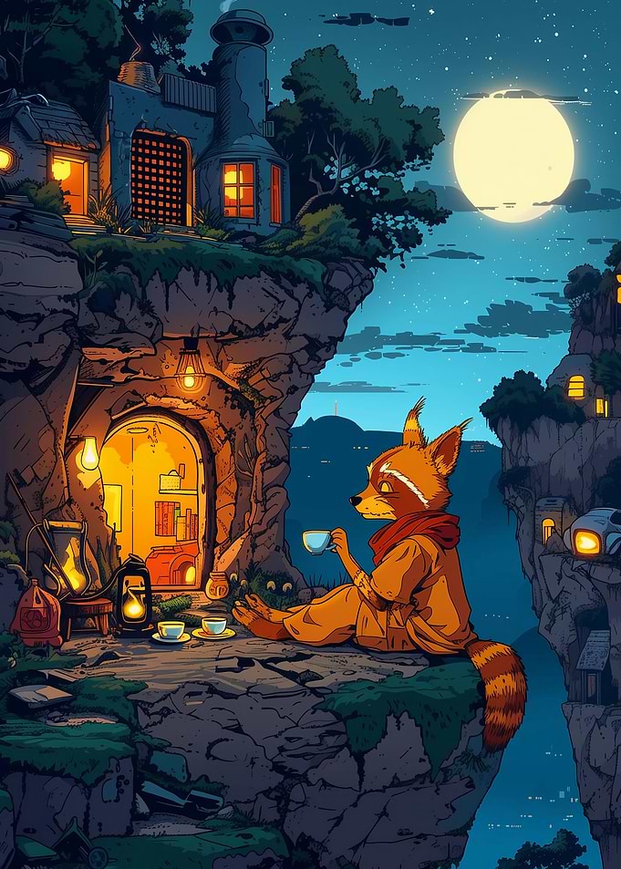 Fox enjoying tea on a cliff