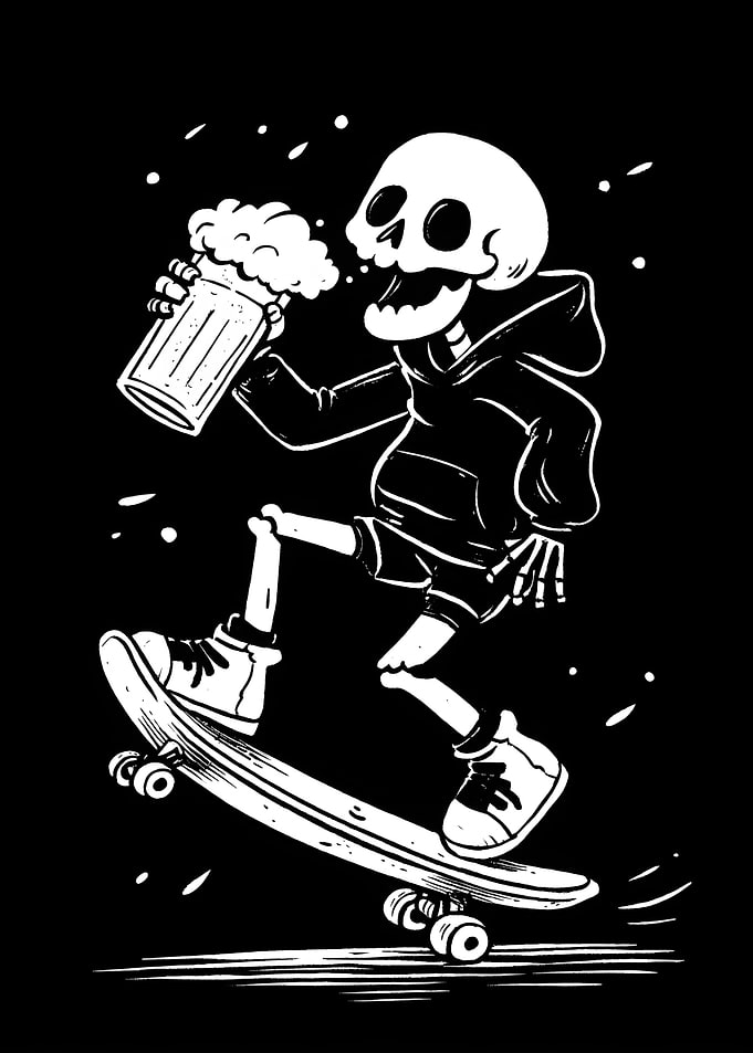 Skeleton Skateboarder with Beer
