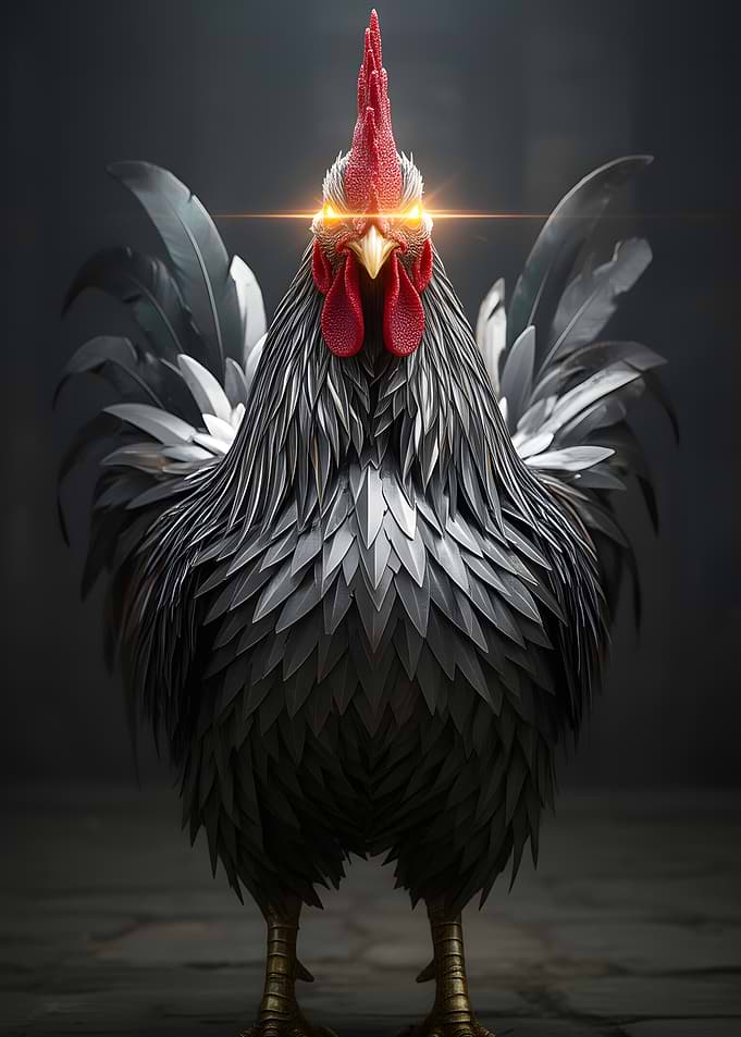 Metallic Rooster with Glowing Eyes