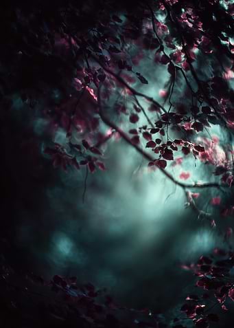 Mystical Forest Canopy with Red Leaves