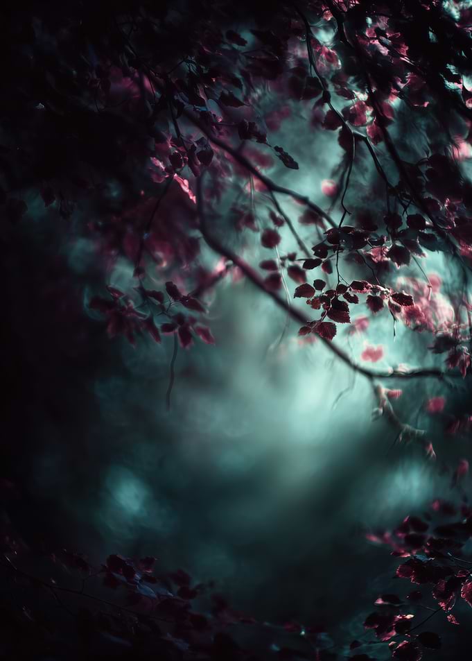 Mystical Forest Canopy with Red Leaves