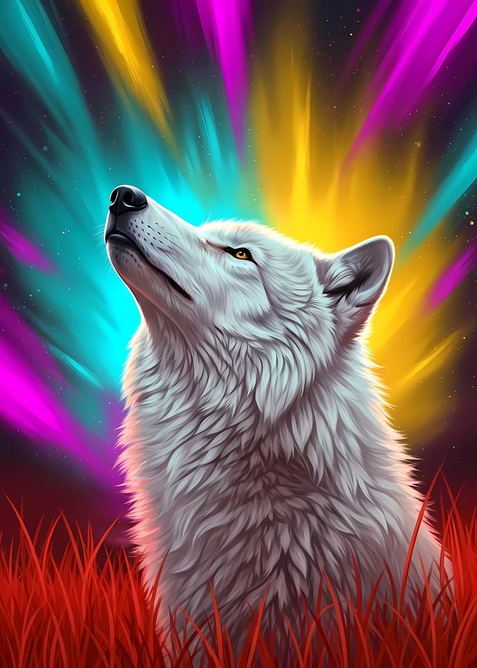 White Wolf Gazing at Aurora
