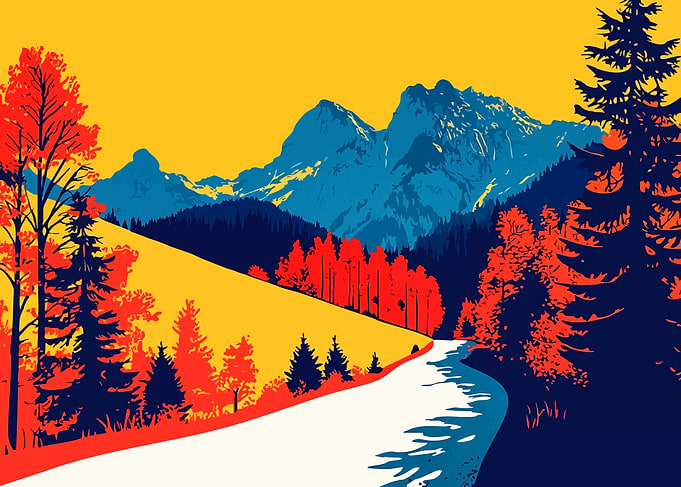 Autumn Mountain Forest Road Minimalist Abstract Art Illustration