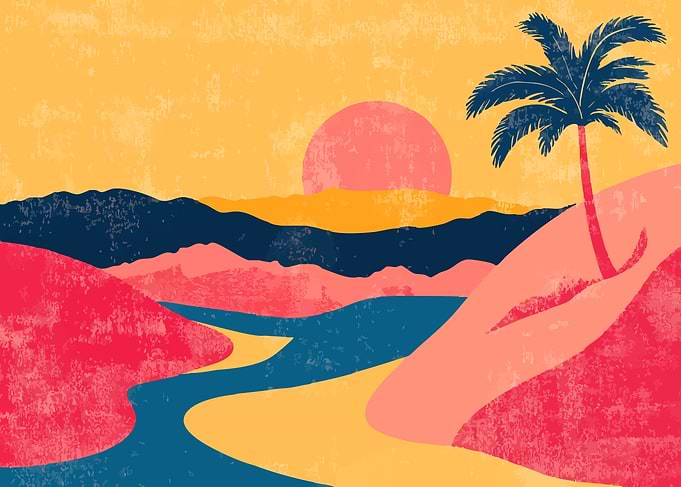 Abstract Tropical Oasis with Palm Tree Minimalist Art Illustration