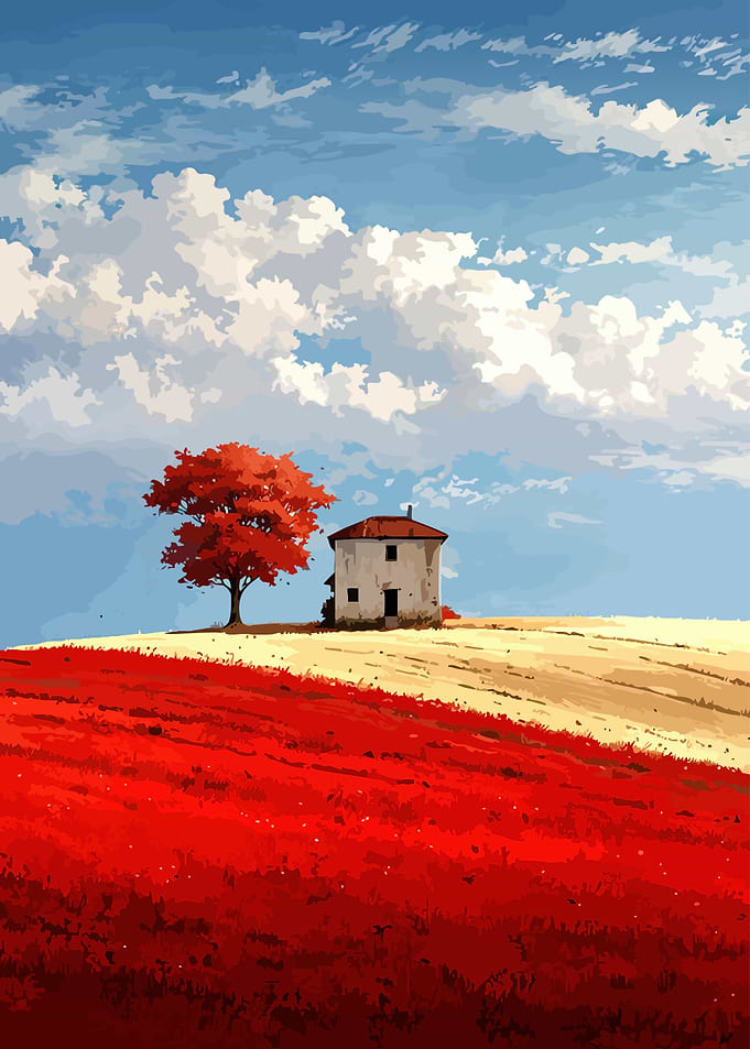 Red Field House Landscape Painting