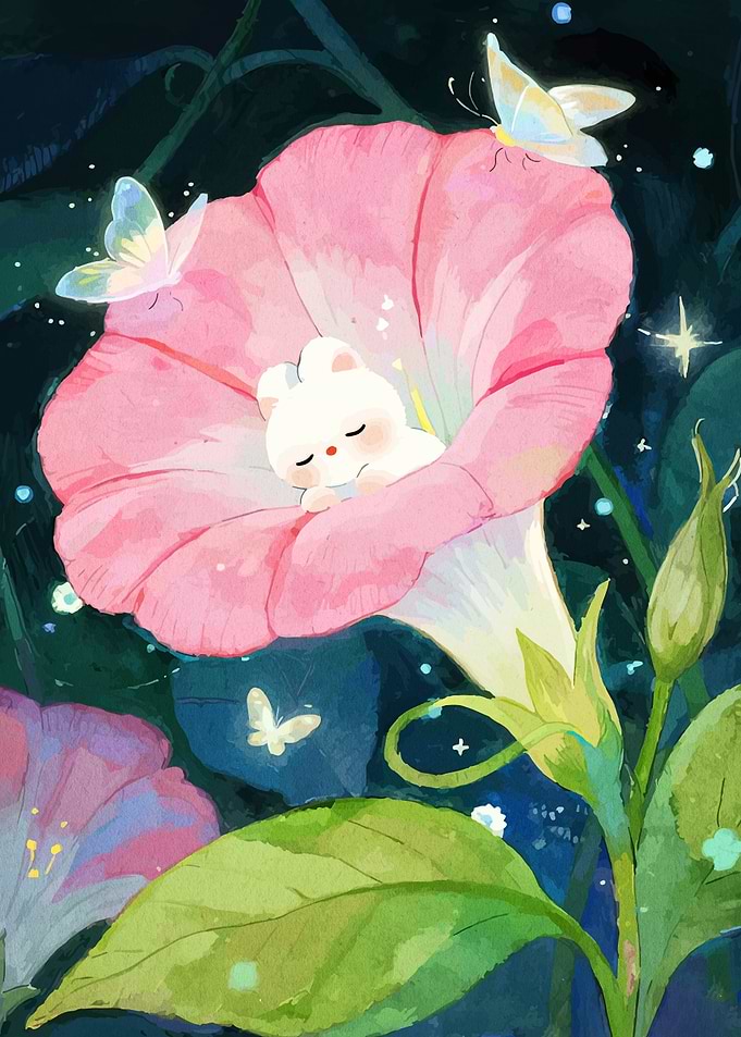 Sleeping Bunny in Flower with Butterflies