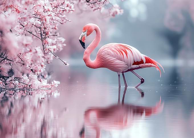 Flamingo in Water with Cherry Blossoms
