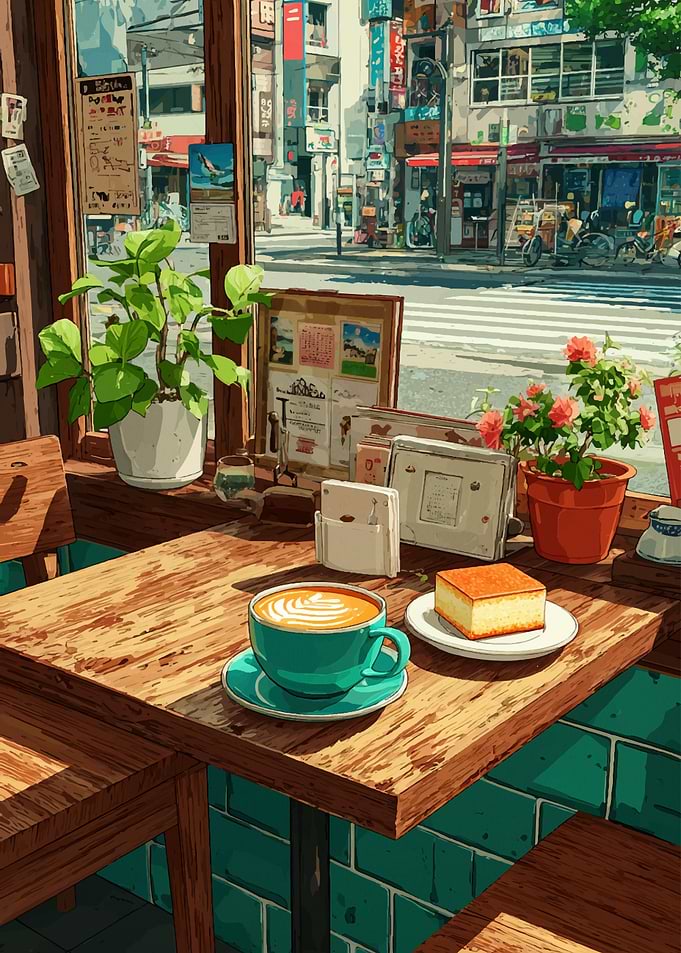 Cafe Scene with Coffee and Cake