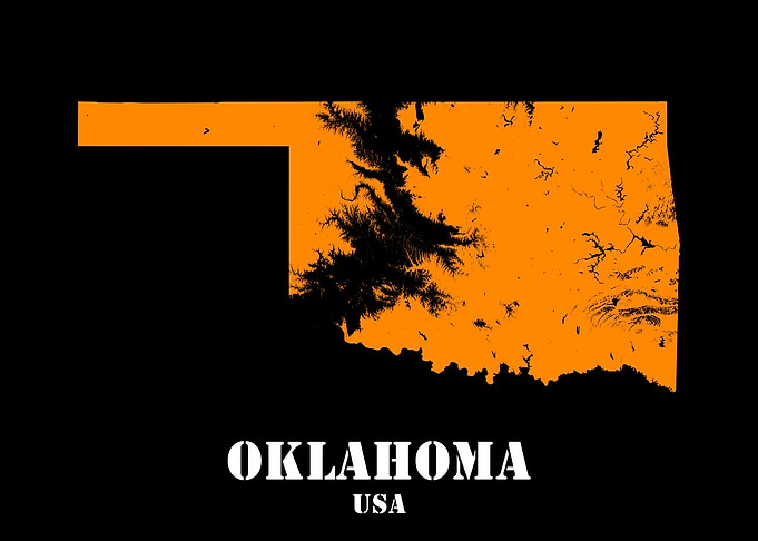 Oklahoma USA State Minimalist Black Orange Topographic Contour Relief Map featuring terrain in orange color