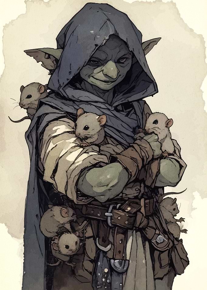 Hooded Goblin with Mice Illustration
