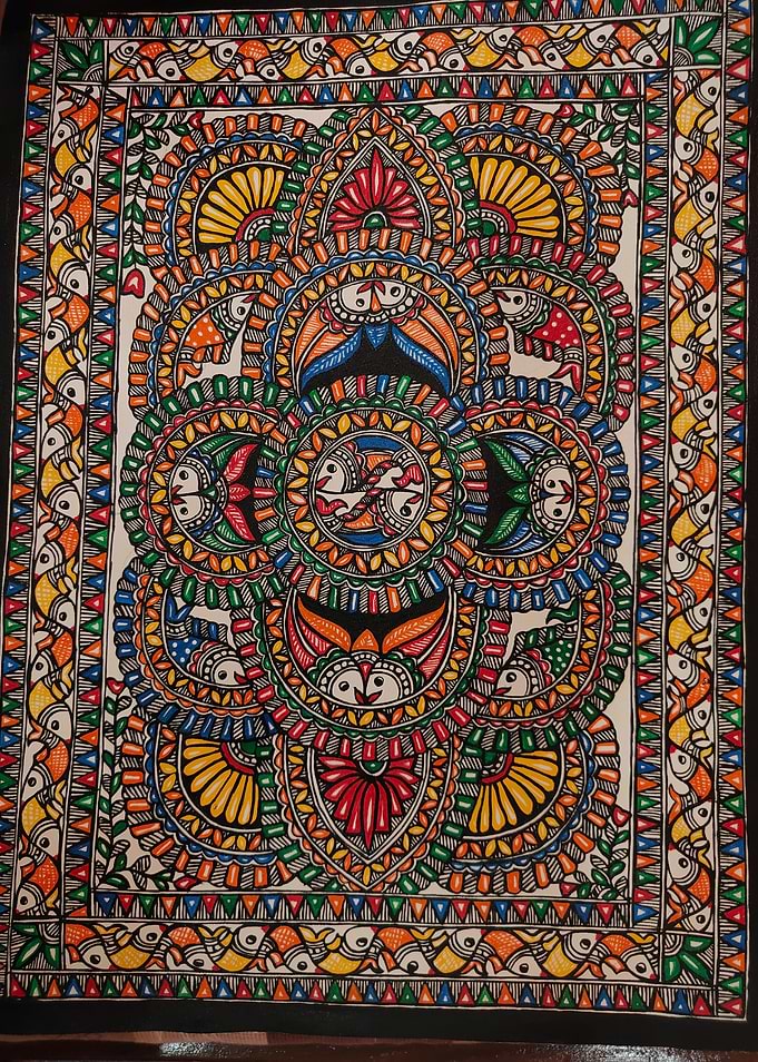 Colorful Madhubani Painting with Fish