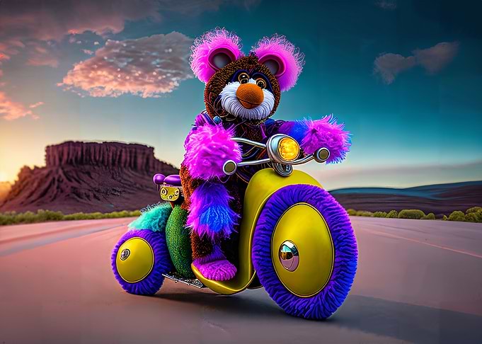 Furry Creature on a Colorful Motorcycle