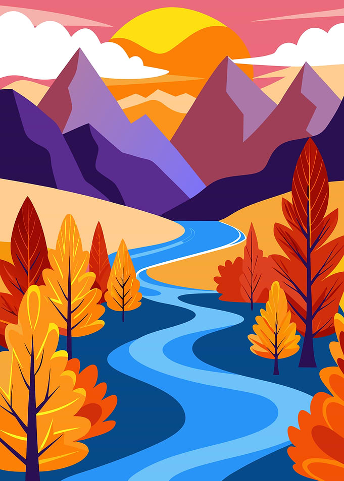 Scenic Autumn Landscape with Colorful Foliage and Winding River Metal Wall Print Art