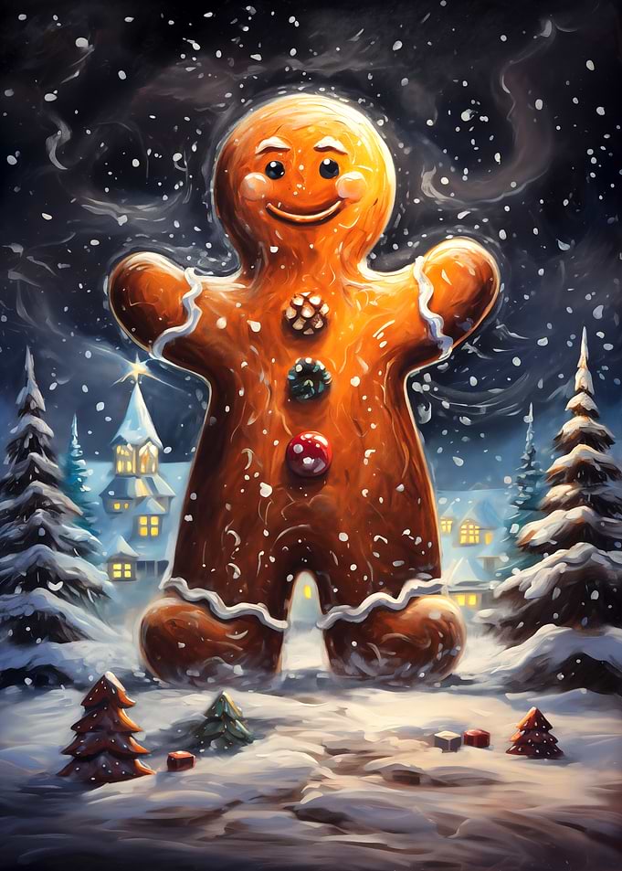 Giant Gingerbread Man in Snowy Village