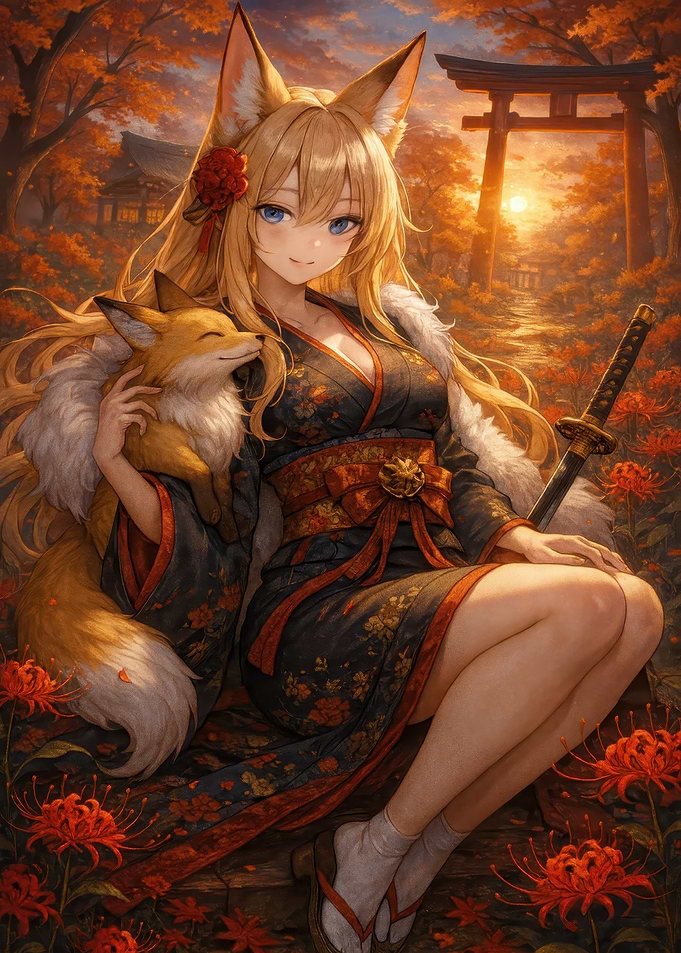 Anime Fox Girl with Fox Companion