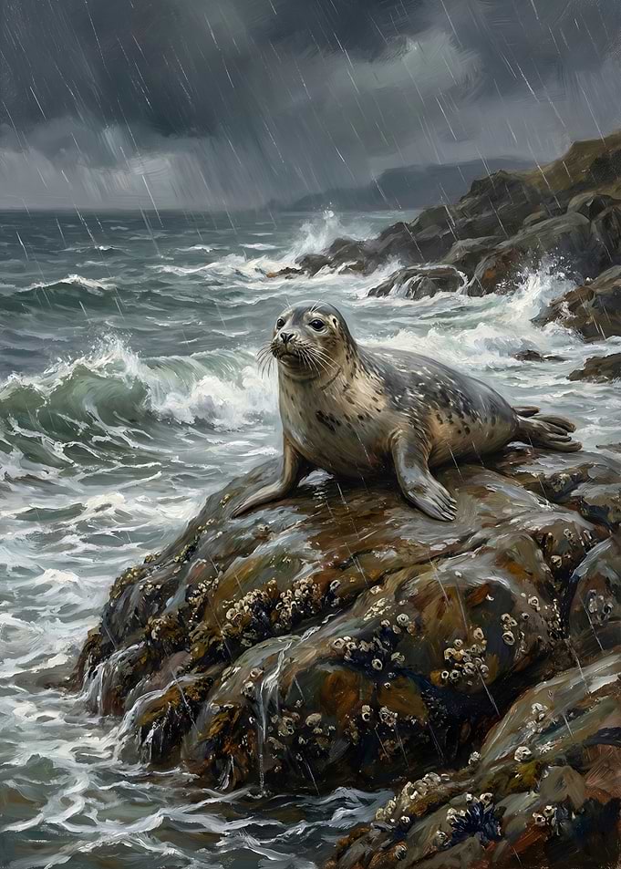 Seal on Rocky Coast in Rain