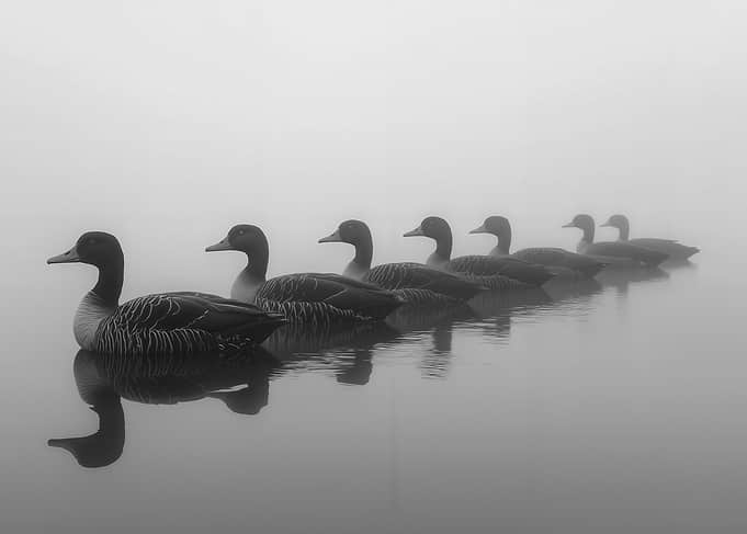Geese in a Row in Fog