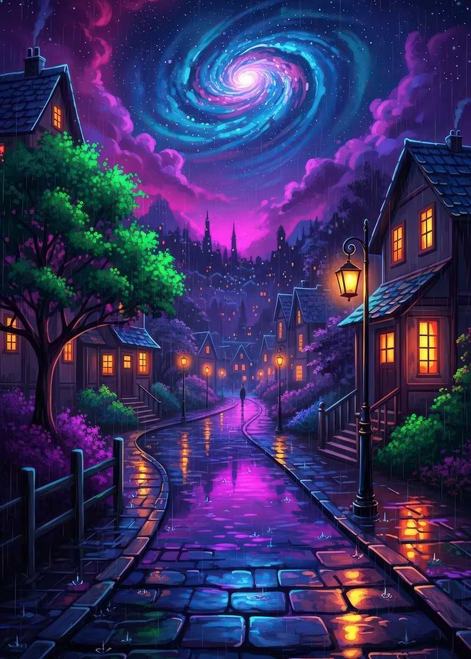 Rainy Night Town with Galaxy Sky