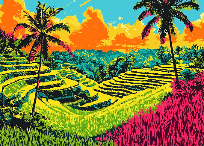 Vibrant Rice Terraces Minimalist Abstract Art Illustration