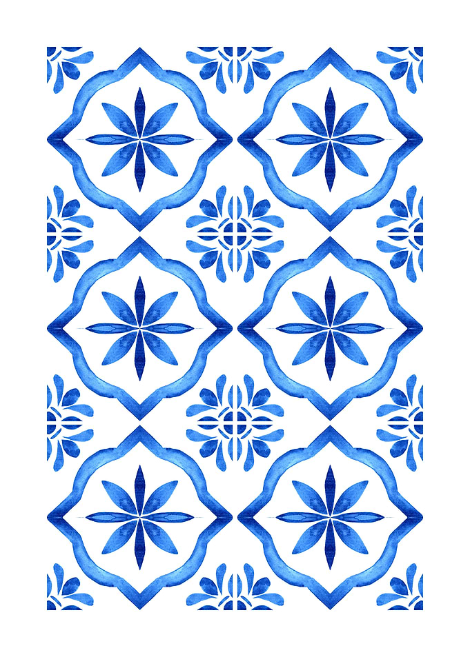 Blue Floral Watercolor Tile Pattern