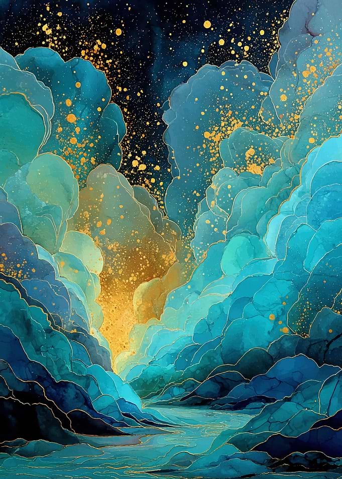 Abstract Blue and Gold Landscape Painting