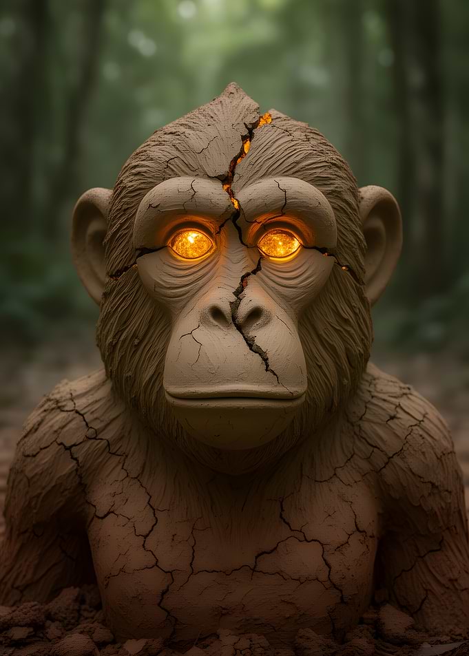 Cracked Monkey Statue with Glowing Eyes