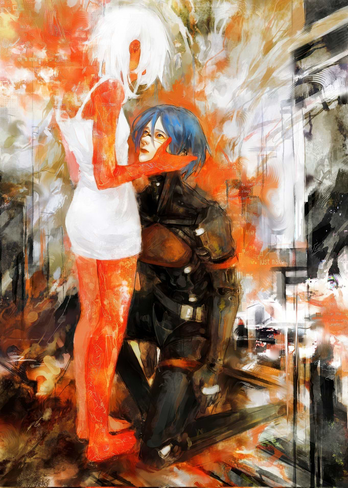Abstract Couple Portrait in Orange and Blue