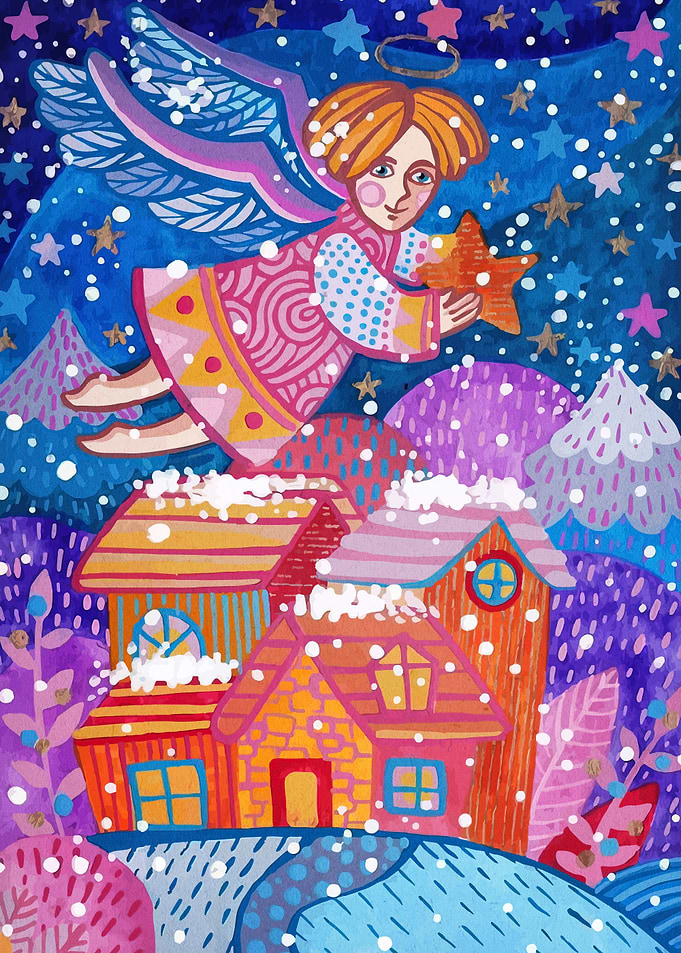 Angel with Star over Snowy Village